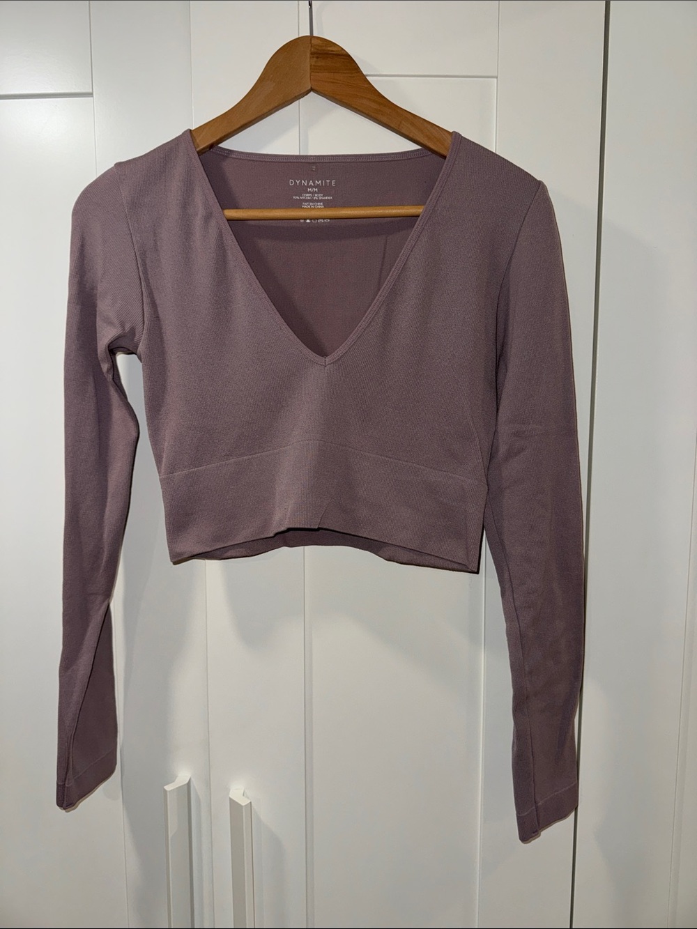 Dynamite Cropped Long Sleeve V-Neck Top in Mauve